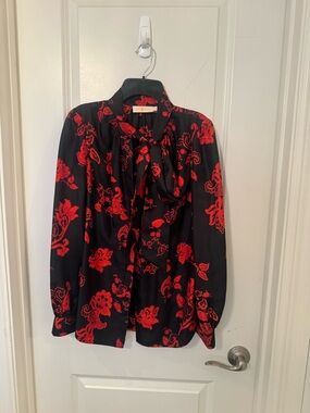 Tory Burch Black Blouse with Red Floral Print